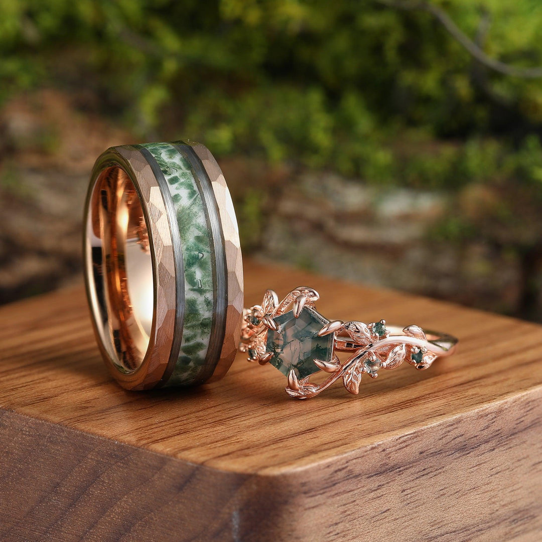 Green Natural Moss Agate Hexagon Couples Ring Set His and Her Wedding Band 925 Silver Alternative Engagement Ring - Esdomera