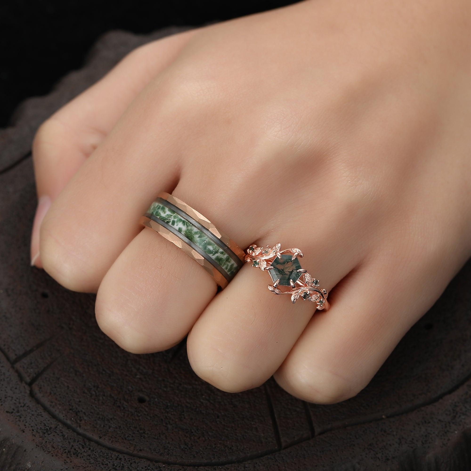 Green Natural Moss Agate Hexagon Couples Ring Set His and Her