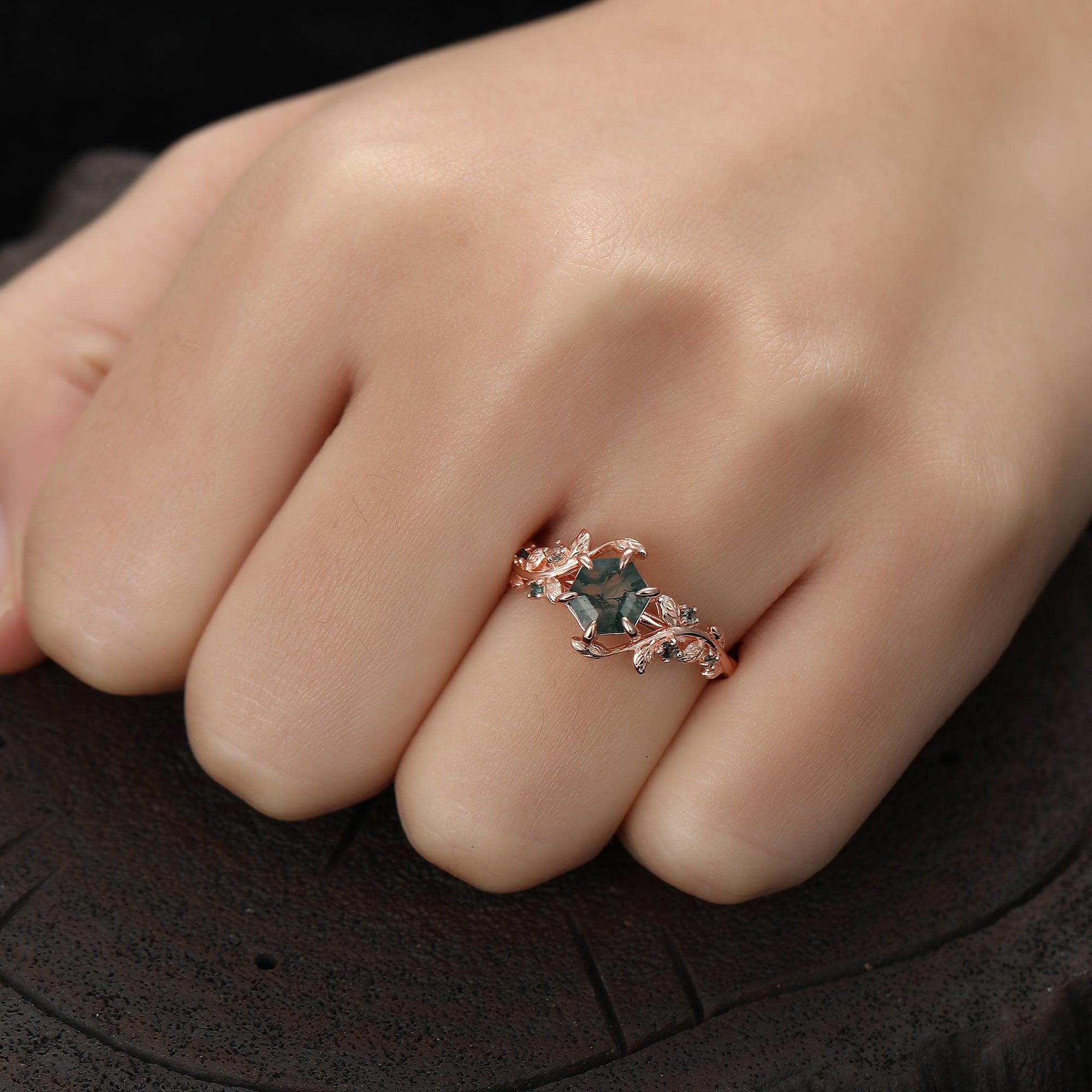 Green Natural Moss Agate Hexagon Couples Ring Set His and Her