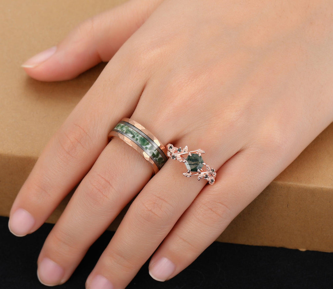 Green Natural Moss Agate Hexagon Leaf Couples Ring Set His and Her Wedding Band Rose Gold Matching Alternative Ring - Esdomera