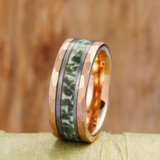 Green Natural Moss Agate Hexagon Leaf Couples Ring Set His and Her Wedding Band Rose Gold Matching Alternative Ring - Esdomera