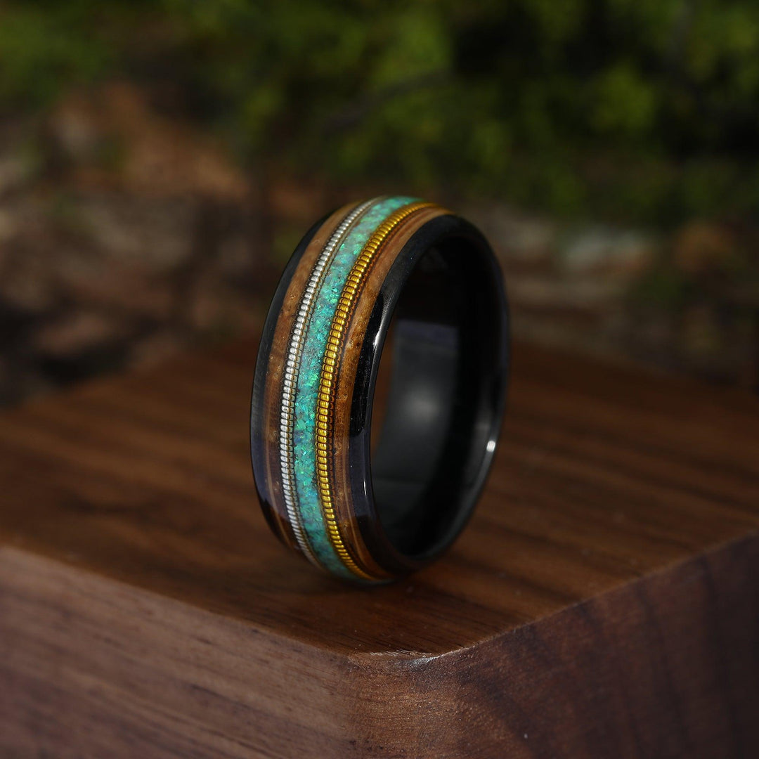 Green Opal Ring Guitar String ring Whiskey Barrel Mens Wedding Band Tungsten Wood Inlay Promise Ring For Him Men Ring Gift for Him - Esdomera
