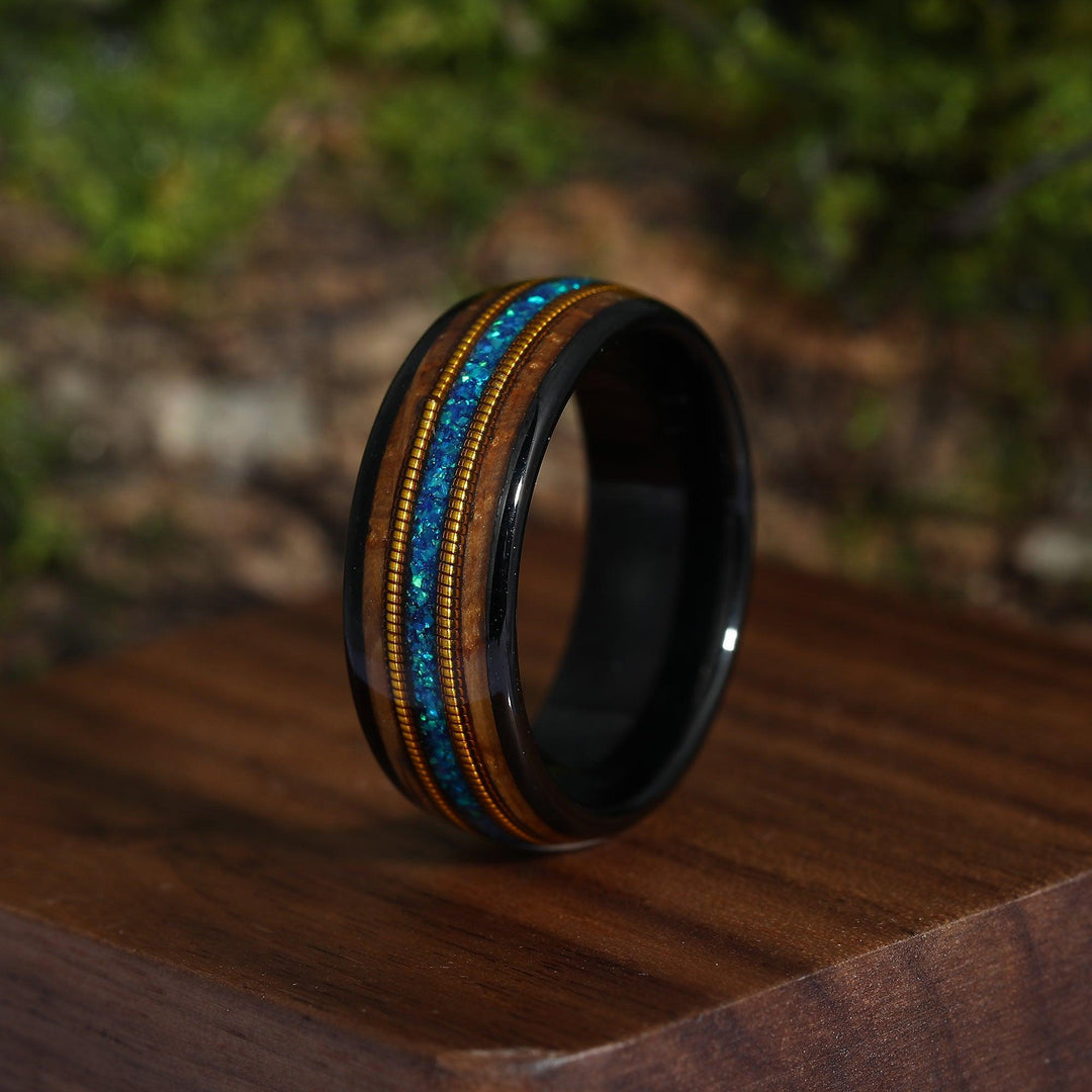 Guitar String & Whiskey Barrel Blue Opal Mens Wedding Band Tungsten Wooden Inlay Promise Ring For Him Husband Gift - Esdomera