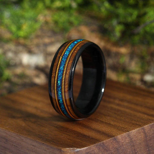 3A Blue Opal Double Guitar String Black Double Barrel Wood Tungsten Friendship Rings