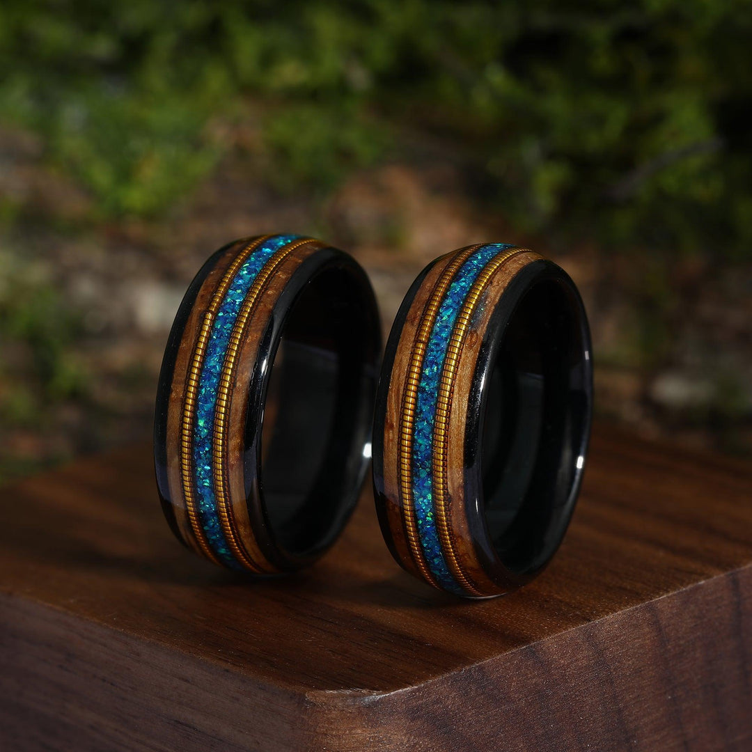 Guitar String & Whiskey Barrel Blue Opal Mens Wedding Band Tungsten Wooden Inlay Promise Ring For Him Husband Gift - Esdomera