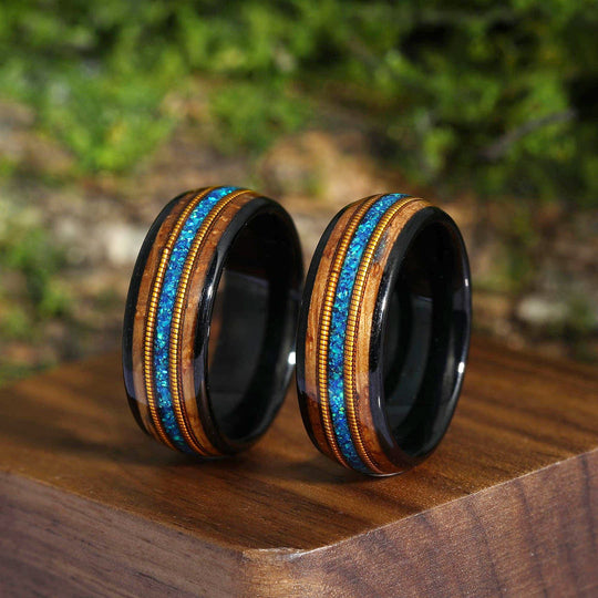 3A Blue Opal Double Guitar String Black Double Barrel Wood Tungsten Friendship Rings