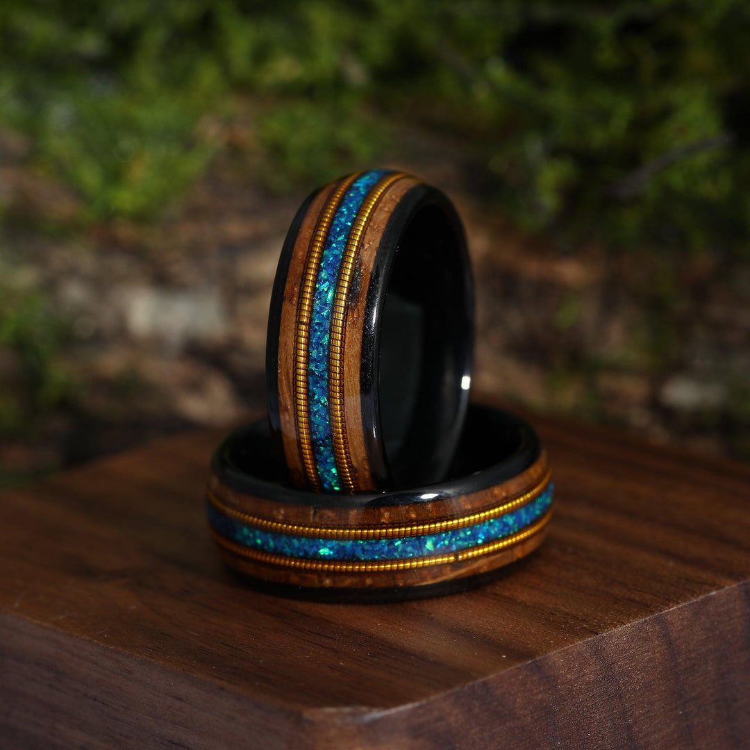 Guitar String & Whiskey Barrel Blue Opal Mens Wedding Band Tungsten Wooden Inlay Promise Ring For Him Husband Gift - Esdomera