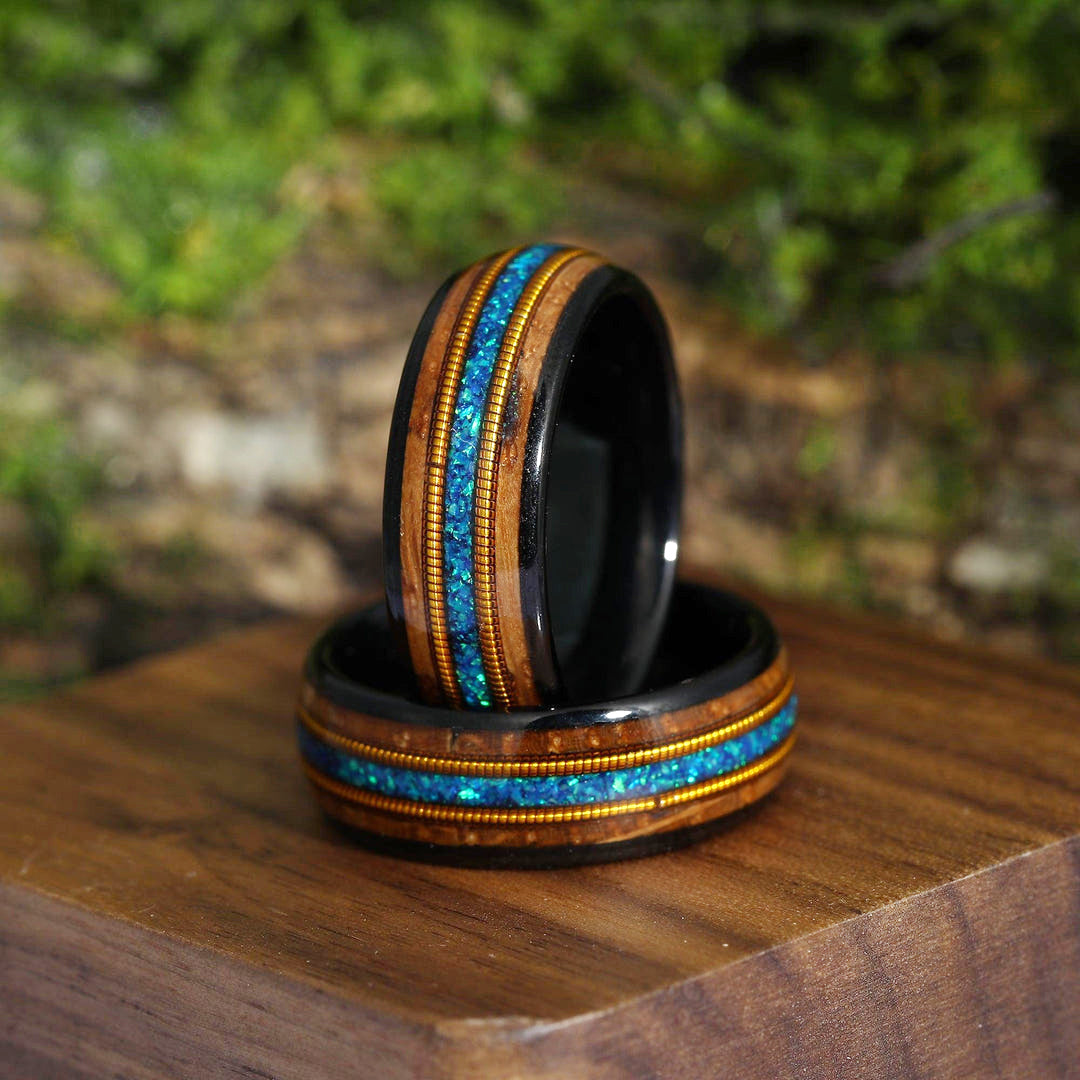 3A Blue Opal Double Guitar String Black Double Barrel Wood Tungsten Friendship Rings