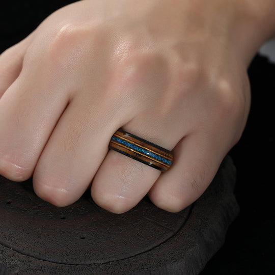 Guitar String & Whiskey Barrel Blue Opal Mens Wedding Band Tungsten Wooden Inlay Promise Ring For Him Husband Gift - Esdomera