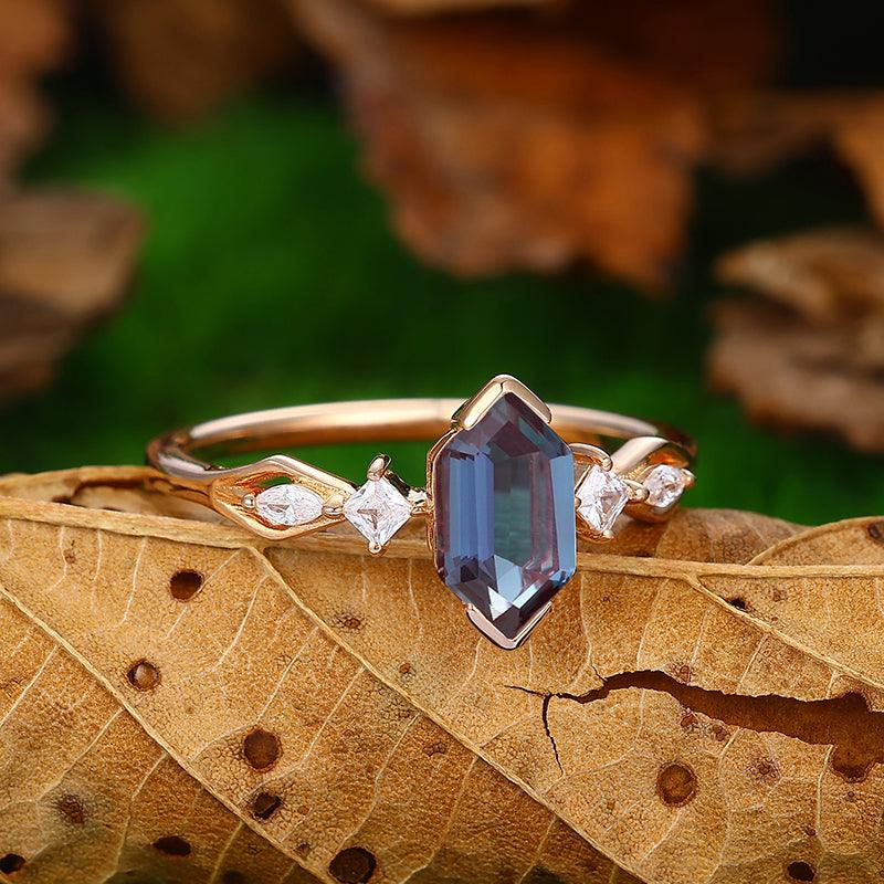 Half Eternity Hexagon Shaped Cluster Alexandrite Engagement Ring - Esdomera