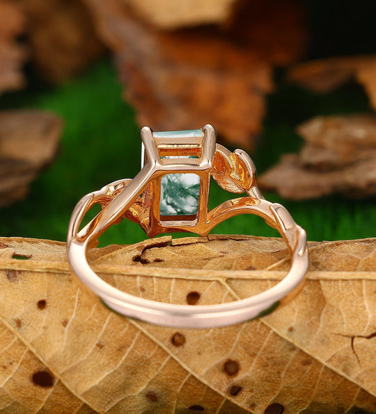 Half Eternity Leaf Vine Design 2.5 Carat Emerald Cut Moss Agate Engagement Ring - Esdomera