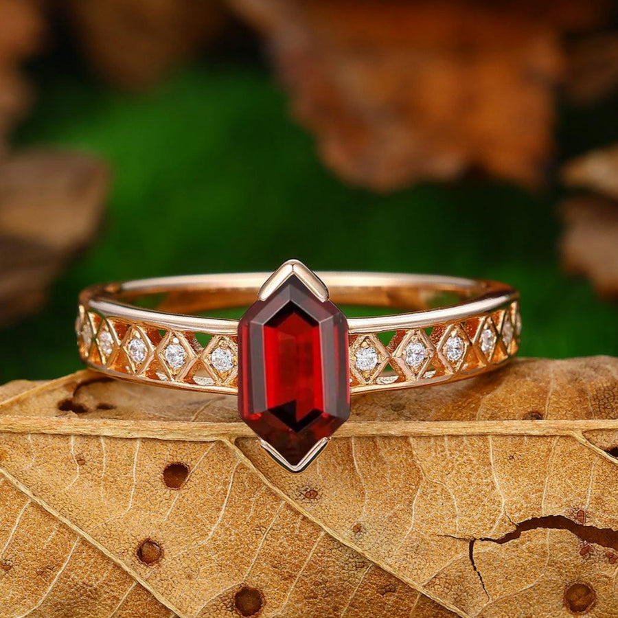 Half Eternity Natural Red Garnet Long hexagon Cut In Sliver Engaagement Ring - Esdomera