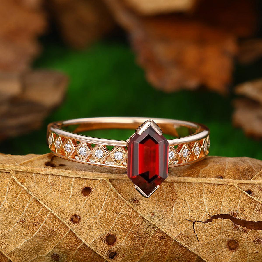 Half Eternity Natural Red Garnet Long hexagon Cut In Sliver Engaagement Ring - Esdomera