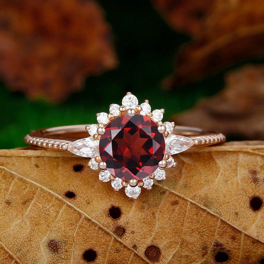 Halo 1.25 CT Round Shape Natural Red Garnet Filigree band Promise Ring - Esdomera