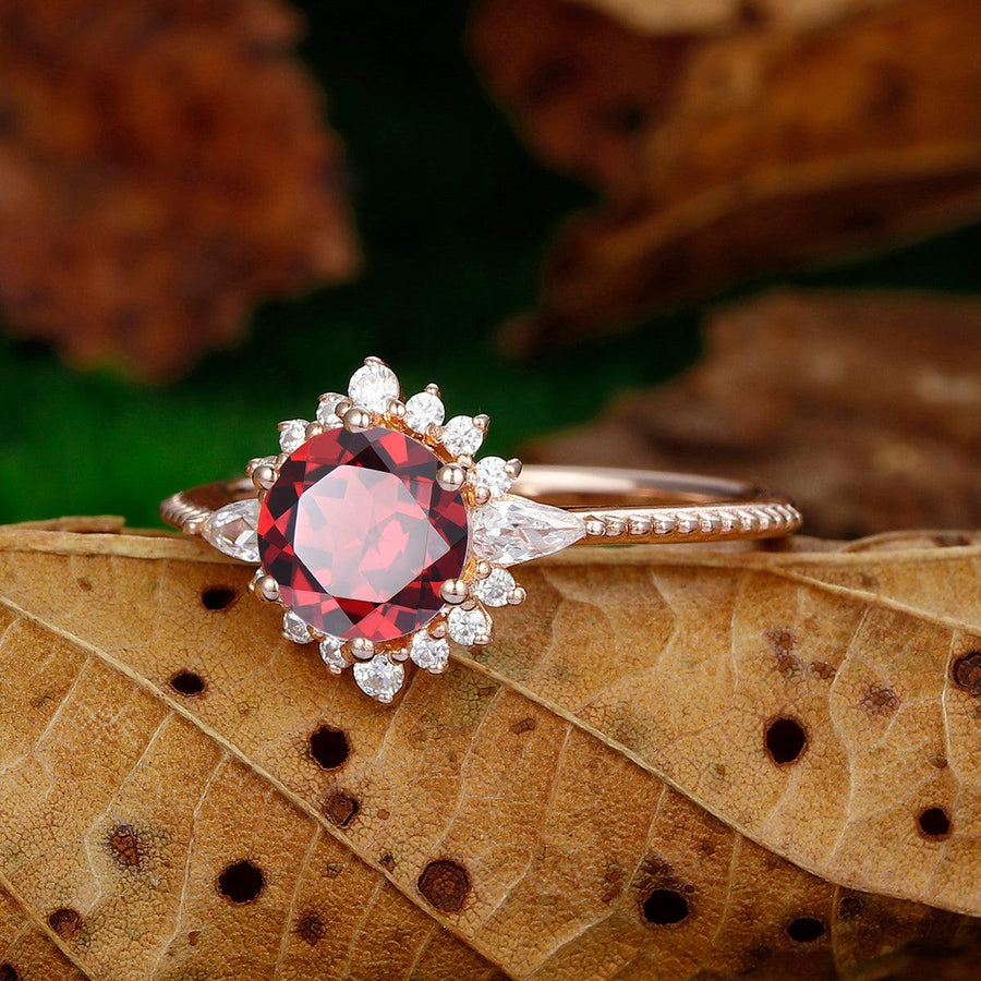 Halo 1.25 CT Round Shape Natural Red Garnet Filigree band Promise Ring - Esdomera