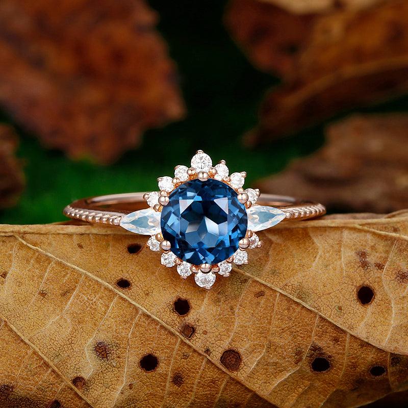 Round Cut London Blue Topaz Rose Gold Art Deco Topaz Moissanite Ring - Esdomera