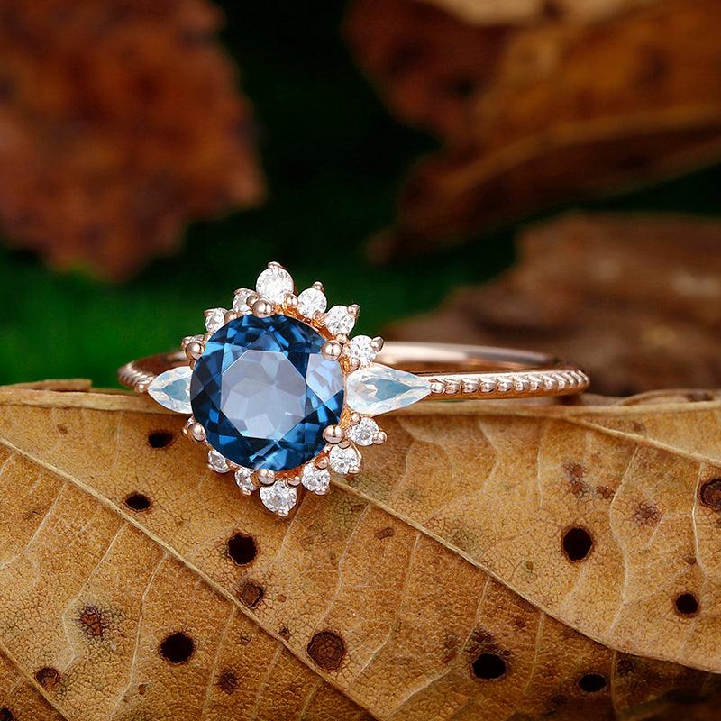 Round Cut London Blue Topaz Rose Gold Art Deco Topaz Moissanite Ring - Esdomera