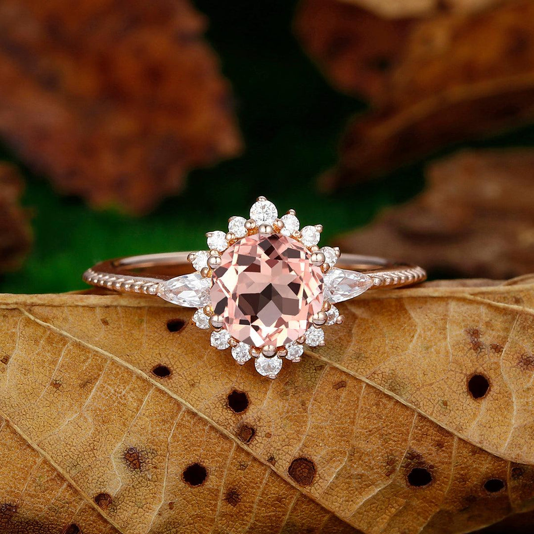 Halo Round Cut Natural Pink Morganite 14k Gold Engagement Ring - Esdomera