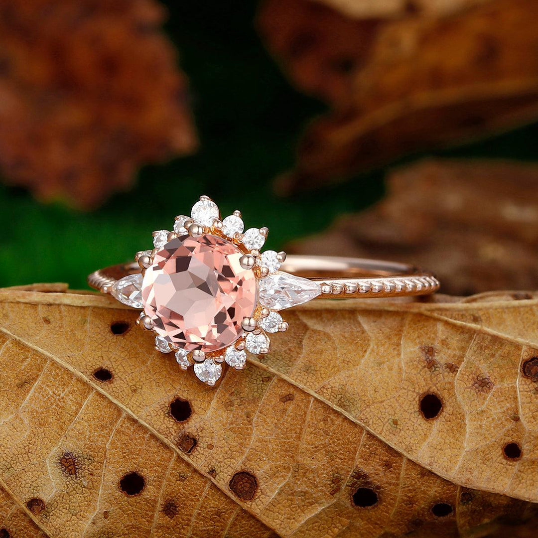 Halo Round Cut Natural Pink Morganite 14k Gold Engagement Ring