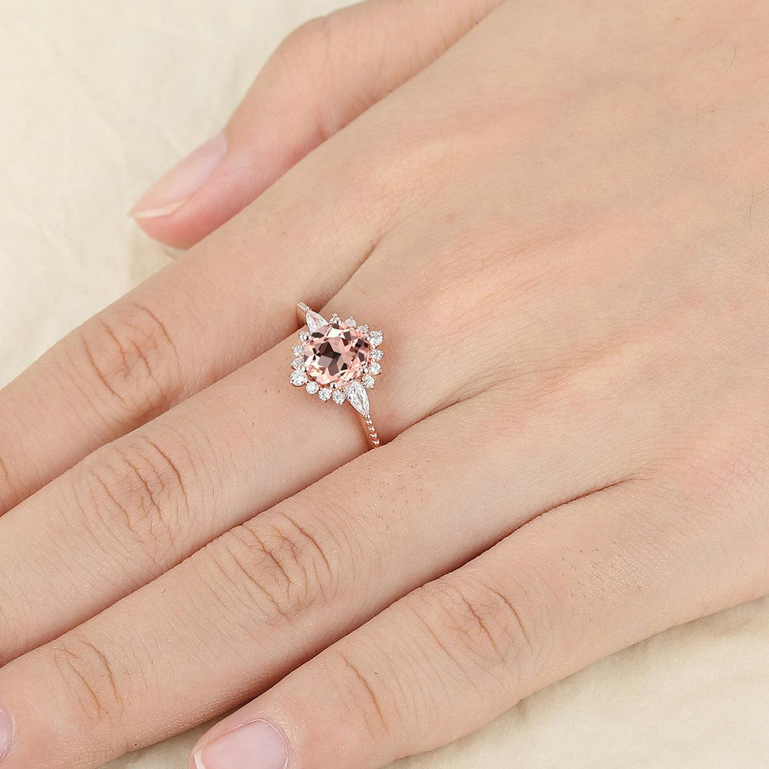 Halo Round Cut Natural Pink Morganite 14k Gold Engagement Ring - Esdomera