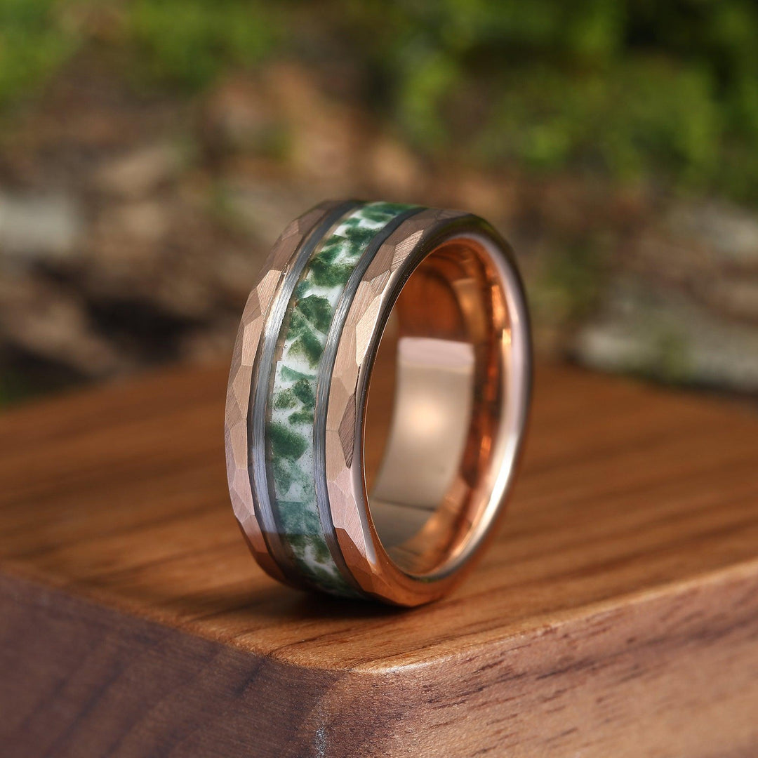 Hammered Green Moss Agate Gold Tungsten 8mm Man Ring Dome Polish Birthday Gift - Esdomera