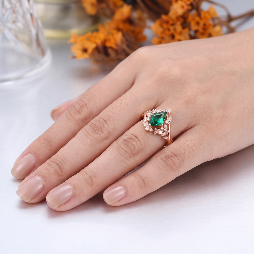 Emerald Cut Lab Grown Emerald Leaf Engagement Ring, 18K Solid Gold