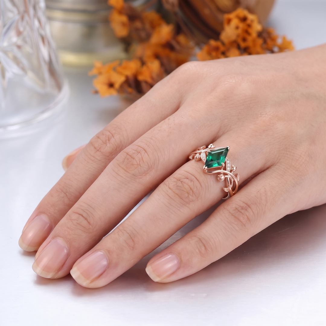 Kite Cut Lab Grown Emerald Leaf Engagement Ring, 18K Solid Gold