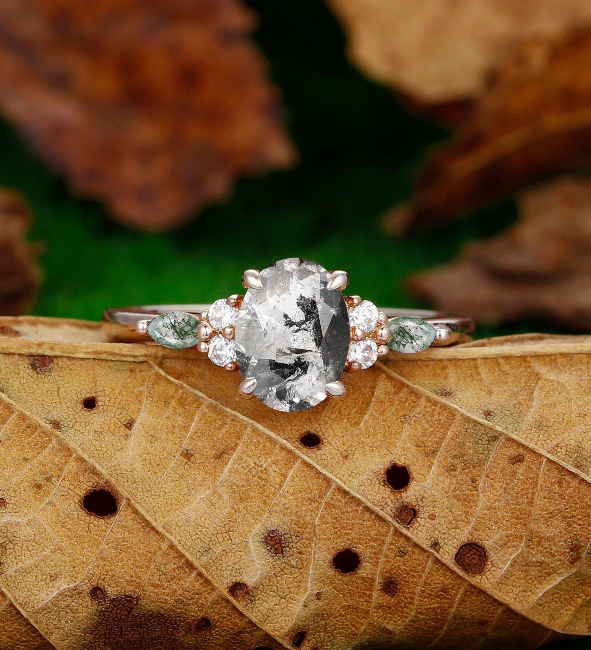 Herkimer Diamond 2CT Oval Cut Salt And Pepper Diamond Nature Moss Agate Promise Ring - Esdomera