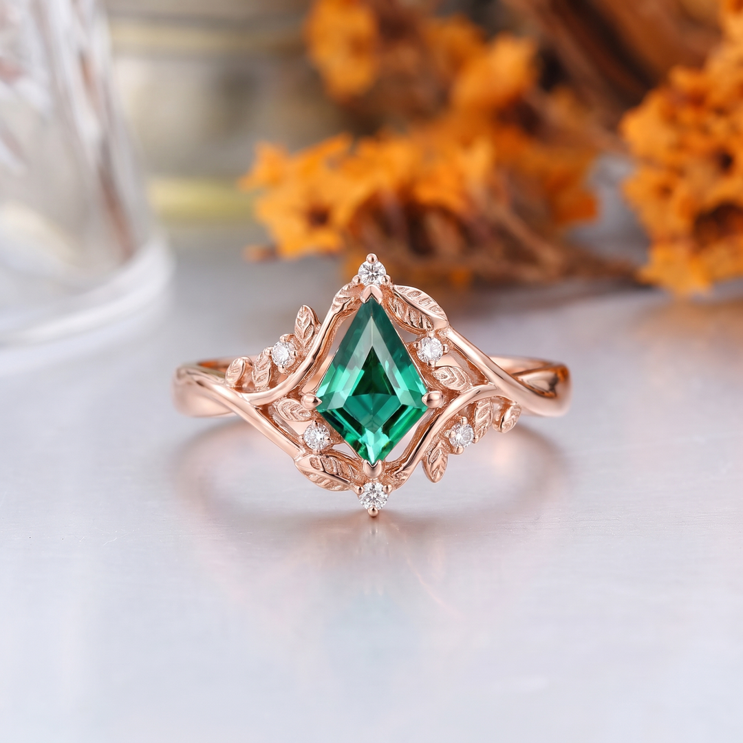 Emerald Cut Lab Grown Emerald Leaf Engagement Ring, 18K Solid Gold