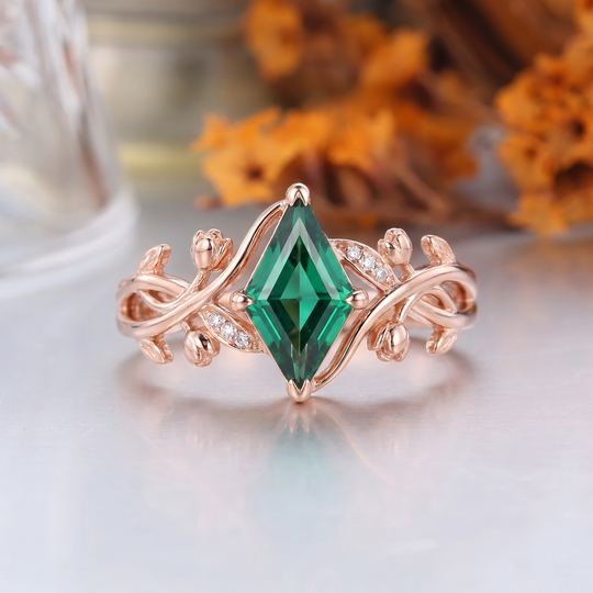 Kite Cut Lab Grown Emerald Leaf Engagement Ring, 18K Solid Gold
