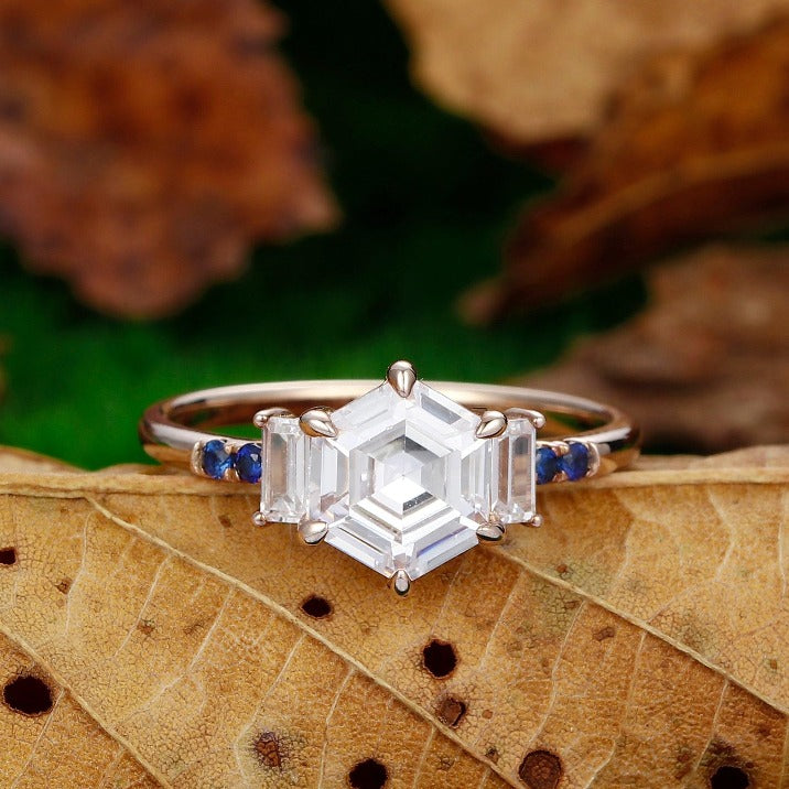 Hexagon Cut Baguette Cluster Ring Sapphire Moissanite Engagement Ring - Esdomera