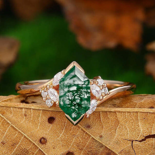 Hexagon Cut Green Moss Agate Art Deco Emerald  Moissanite Engagement  Ring