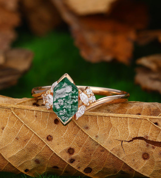Hexagon Cut Green Moss Agate Art Deco Emerald Moissanite Engagement Ring - Esdomera