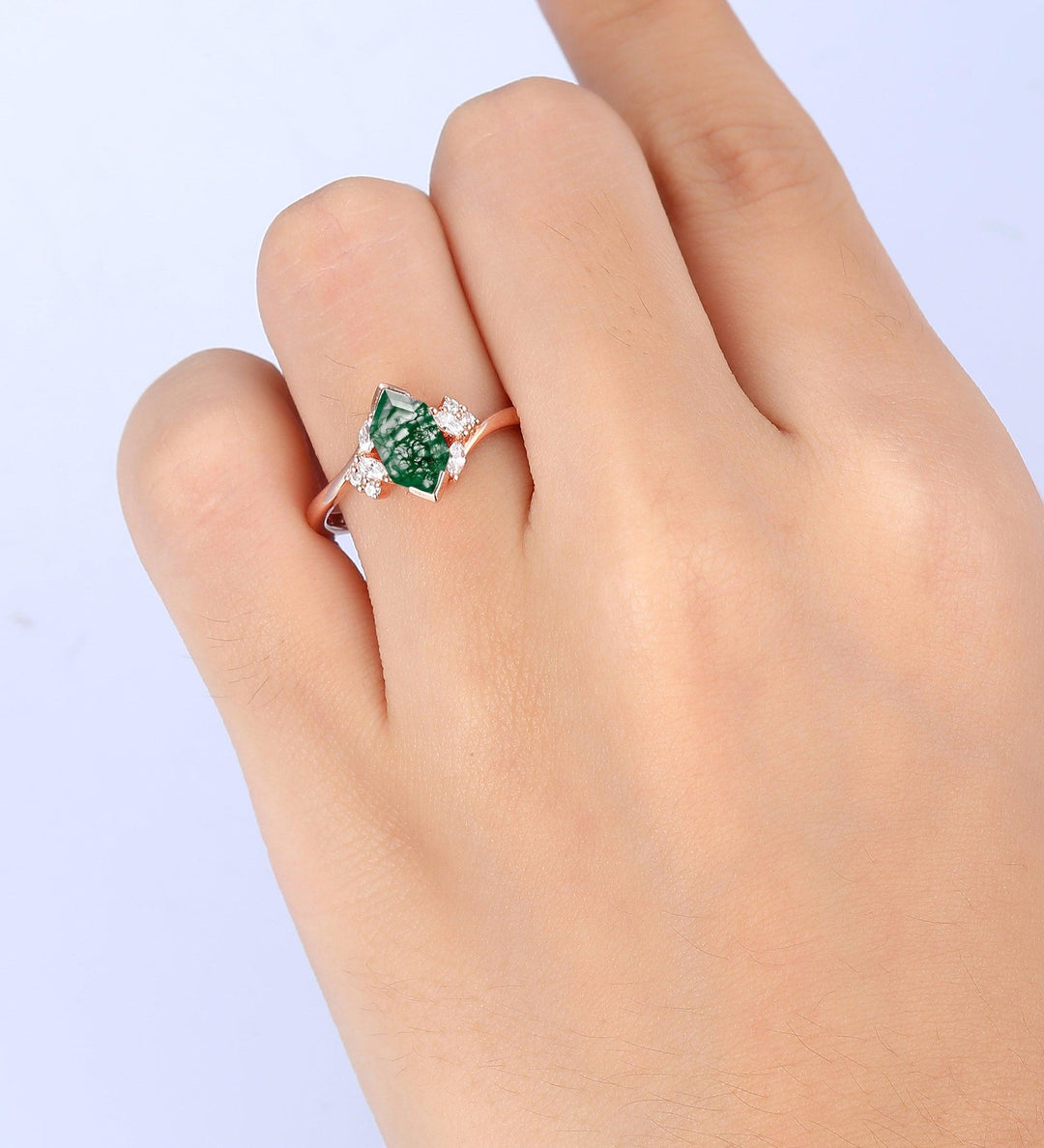 Hexagon Cut Green Moss Agate Art Deco Emerald Moissanite Engagement Ring - Esdomera