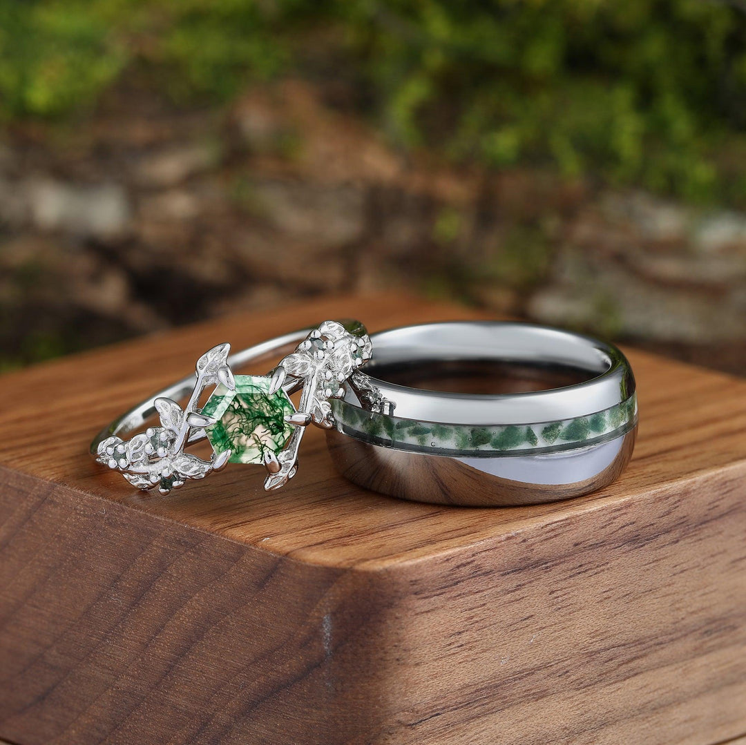 Skye Kite Green Moss Agate Leaf Couples Ring Set His and Hers Wedding Band 925 Sterling Silver - Esdomera