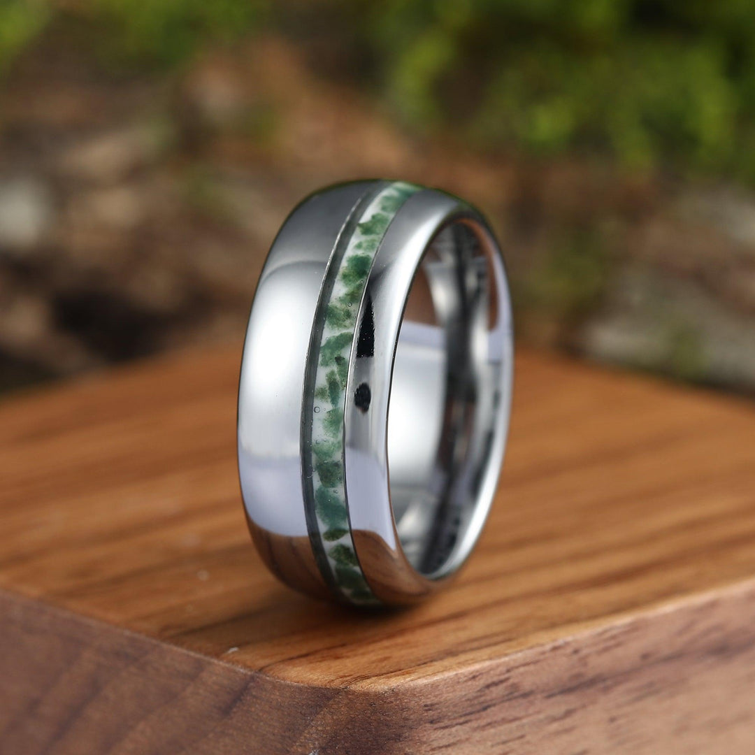 Hexagon Cut Green Moss Agate Leaf Couples Ring Set His and Hers