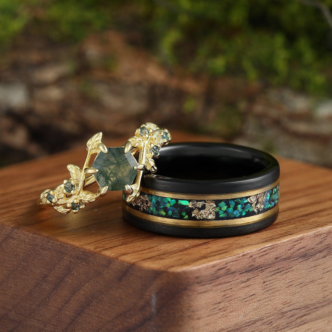 Hexagon Cut Moss Agate Green Emerald Opal Gold Leaf Couples Ring Set His and Hers Leaf Wedding Band - Esdomera
