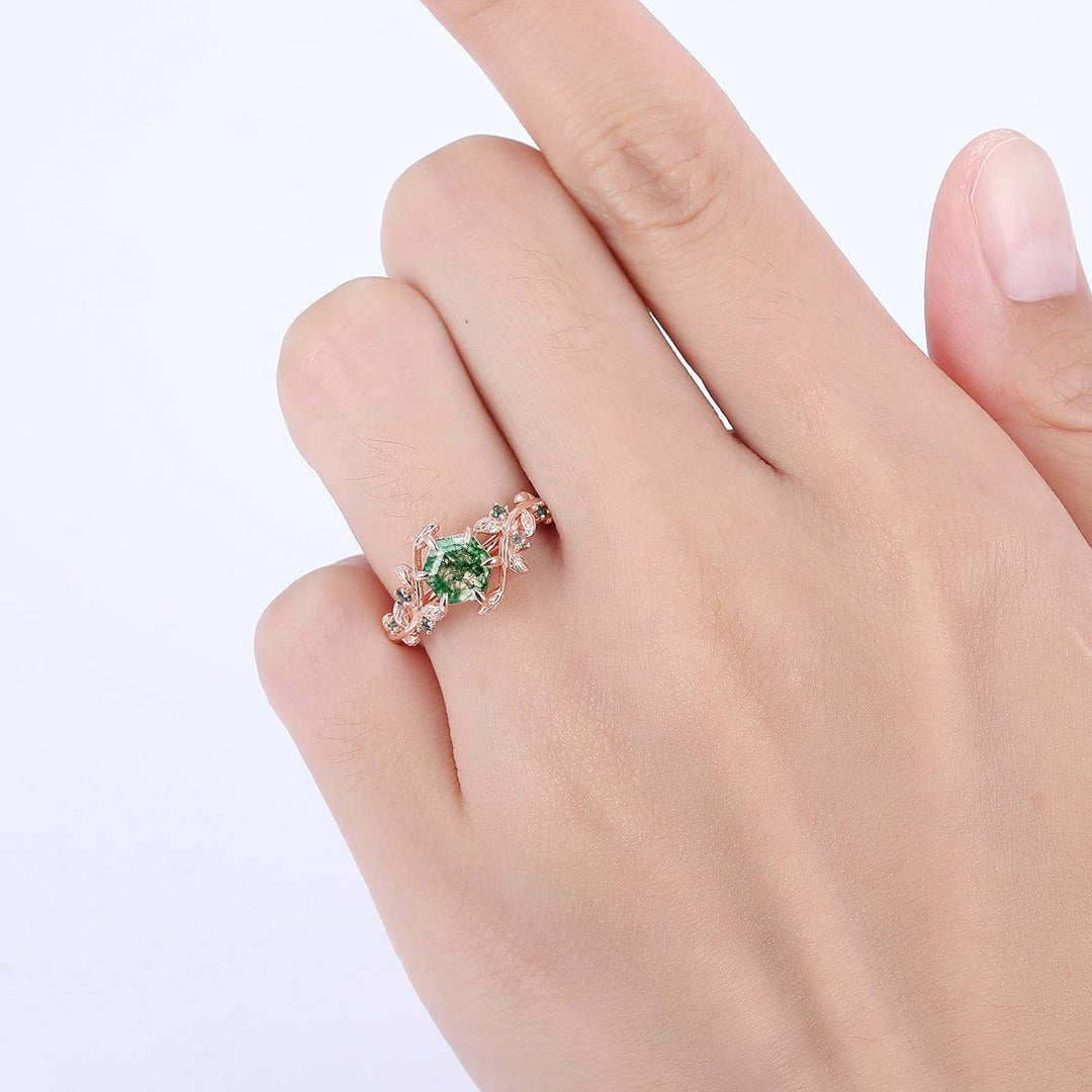 Hexagon Cut Natural Moss Agate Engagement Leaf Shape Ring For Anniversary Gift - Esdomera