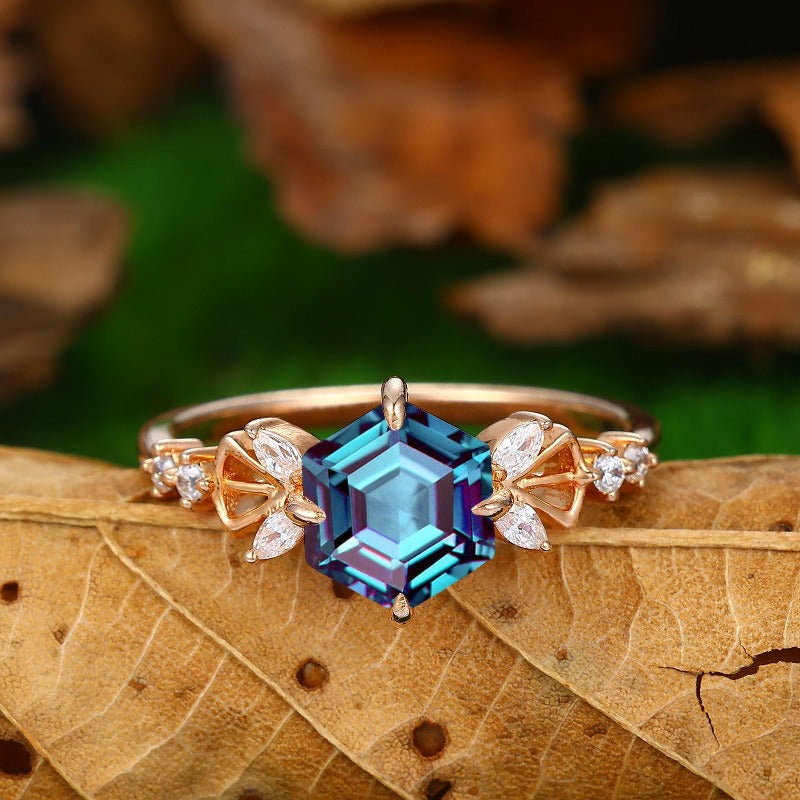 Hexagon cut Vintage Alexandrite Ring Cluster Unique Gemstone Bridal Wedding Set - Esdomera