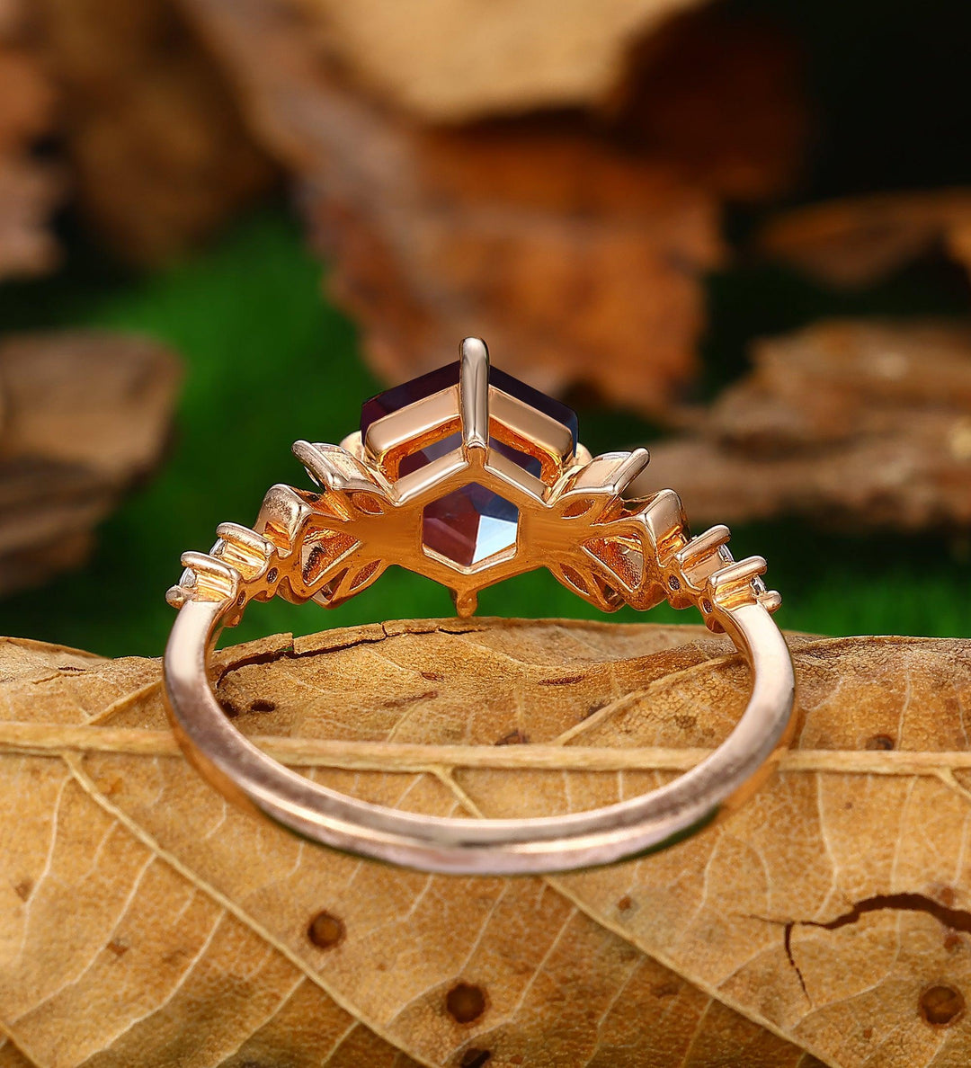 Hexagon cut Vintage Alexandrite Ring Cluster Unique Gemstone Bridal Wedding Set - Esdomera