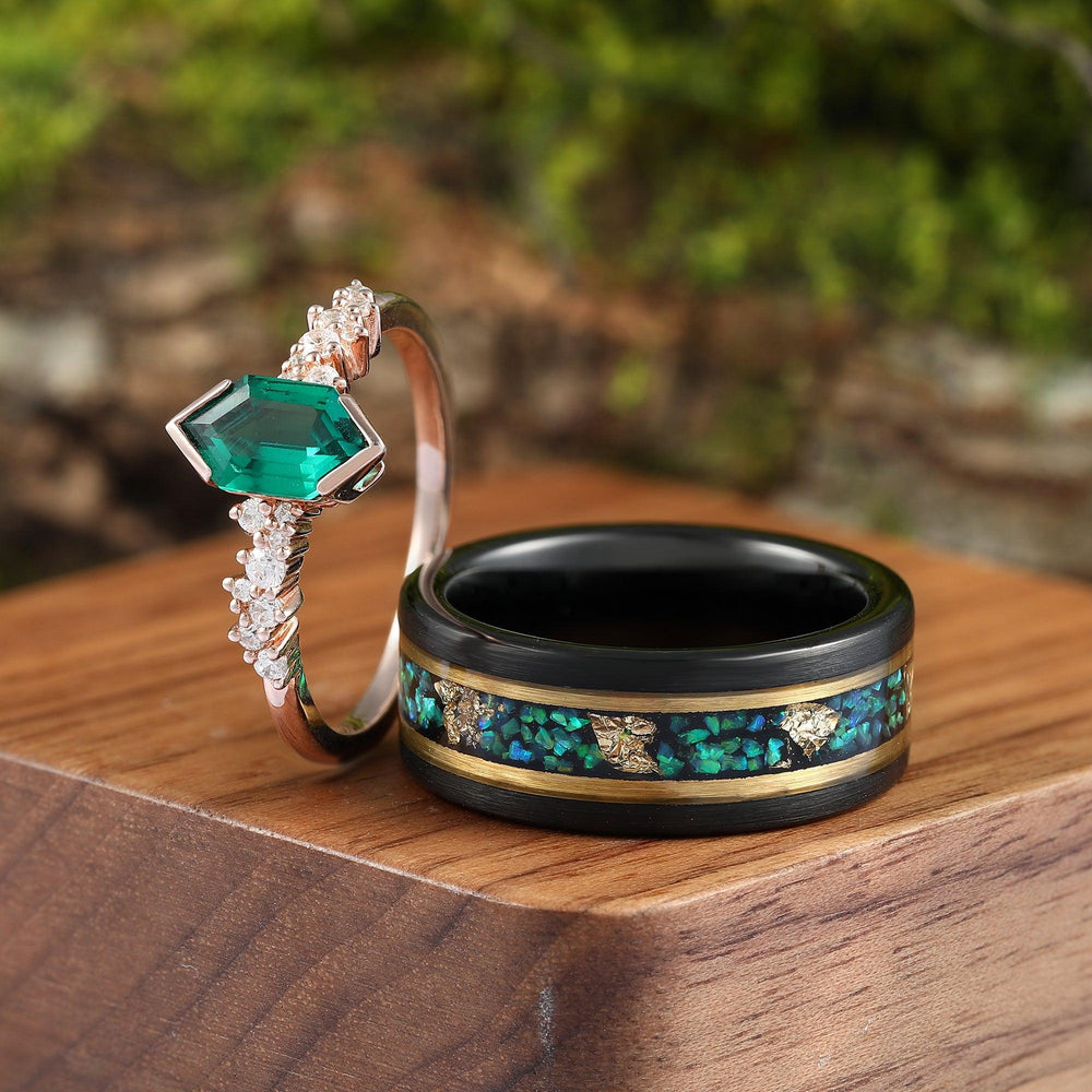 Hexagon Emerald Fire Opal Gold Leaf Couples Ring Set Vintage Half