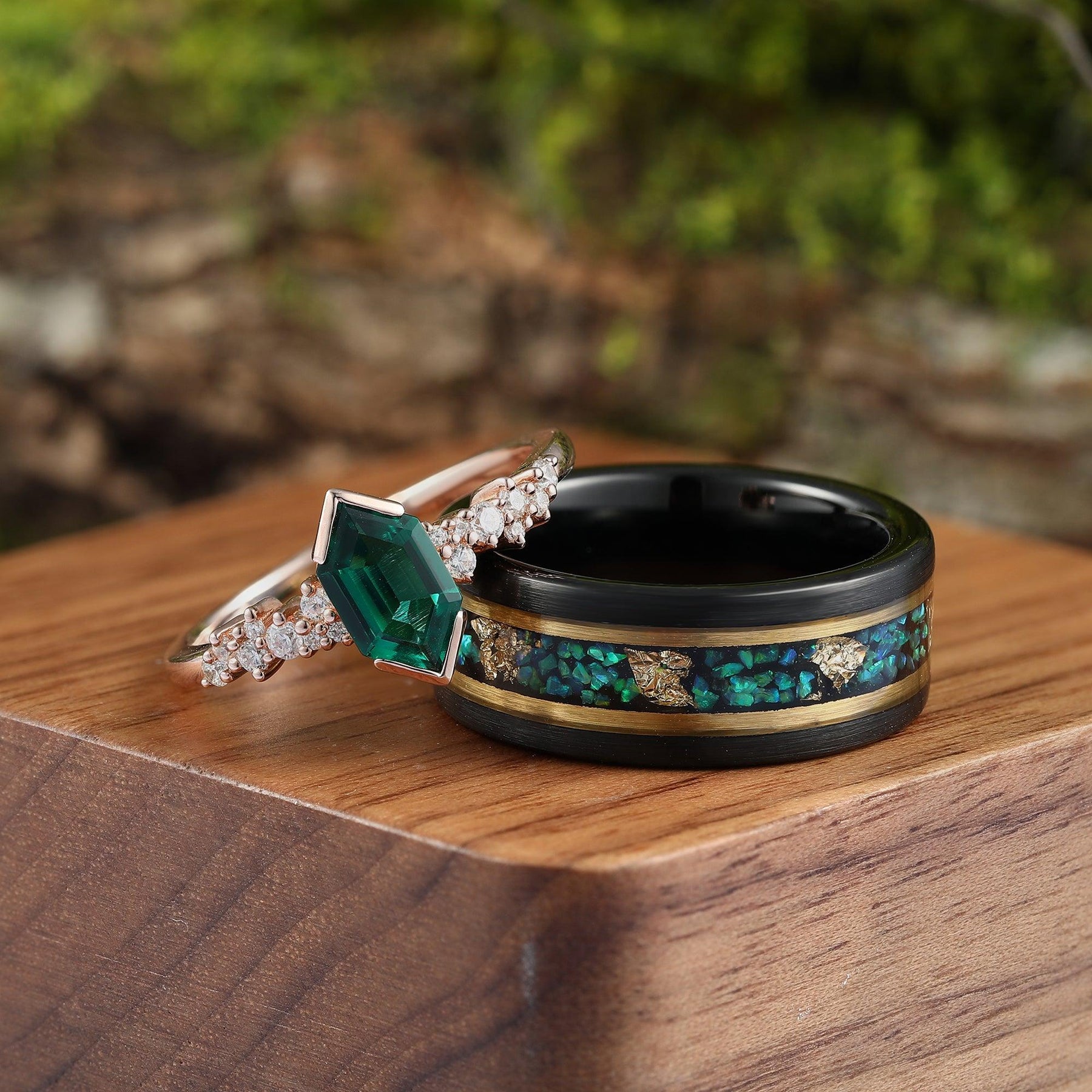 Hexagon Emerald Fire Opal Gold Leaf Couples Ring Set Vintage Half