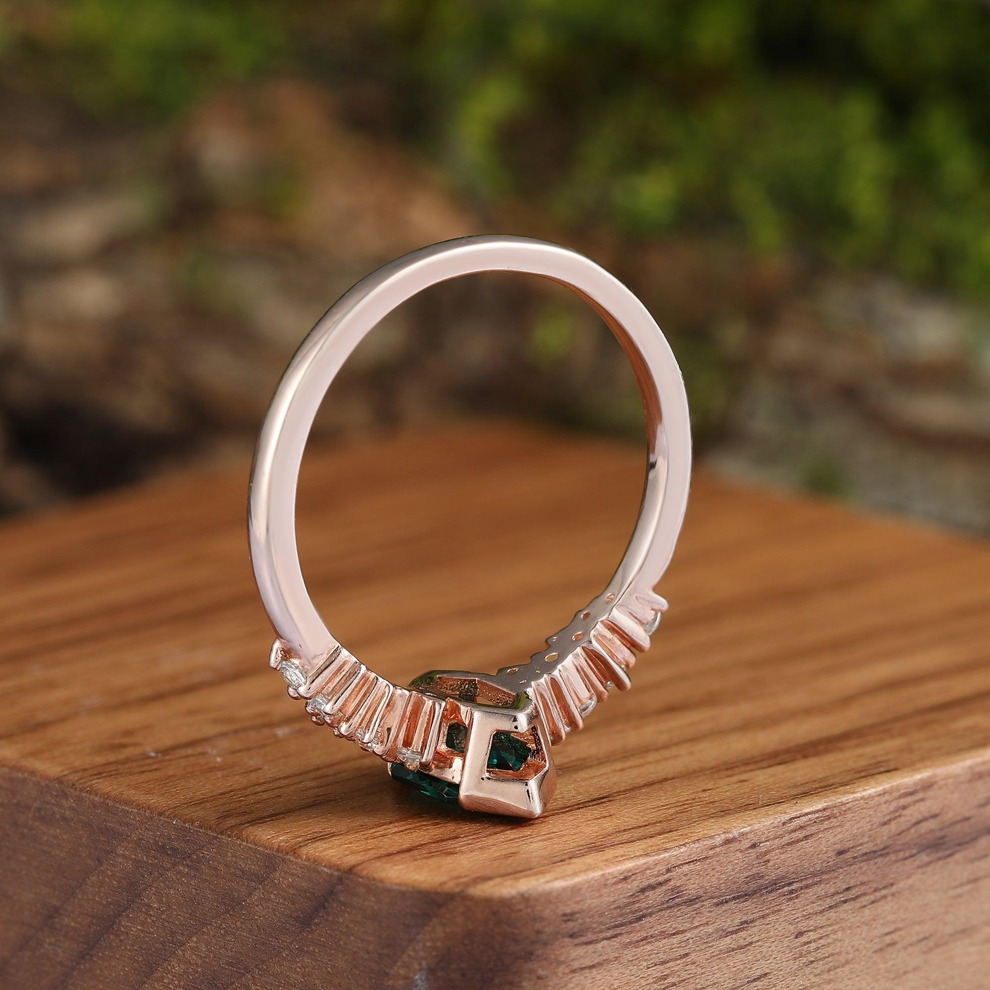 Hexagon Emerald Fire Opal Gold Leaf Couples Ring Set Vintage Half