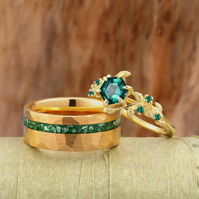 Hexagon Rose Gold Green Emerald Couples Ring Set His Crushed Emerald Gold Ring- 8mm Tungsten and Hers Art Deco Leaf Anniversary Ring - Esdomera