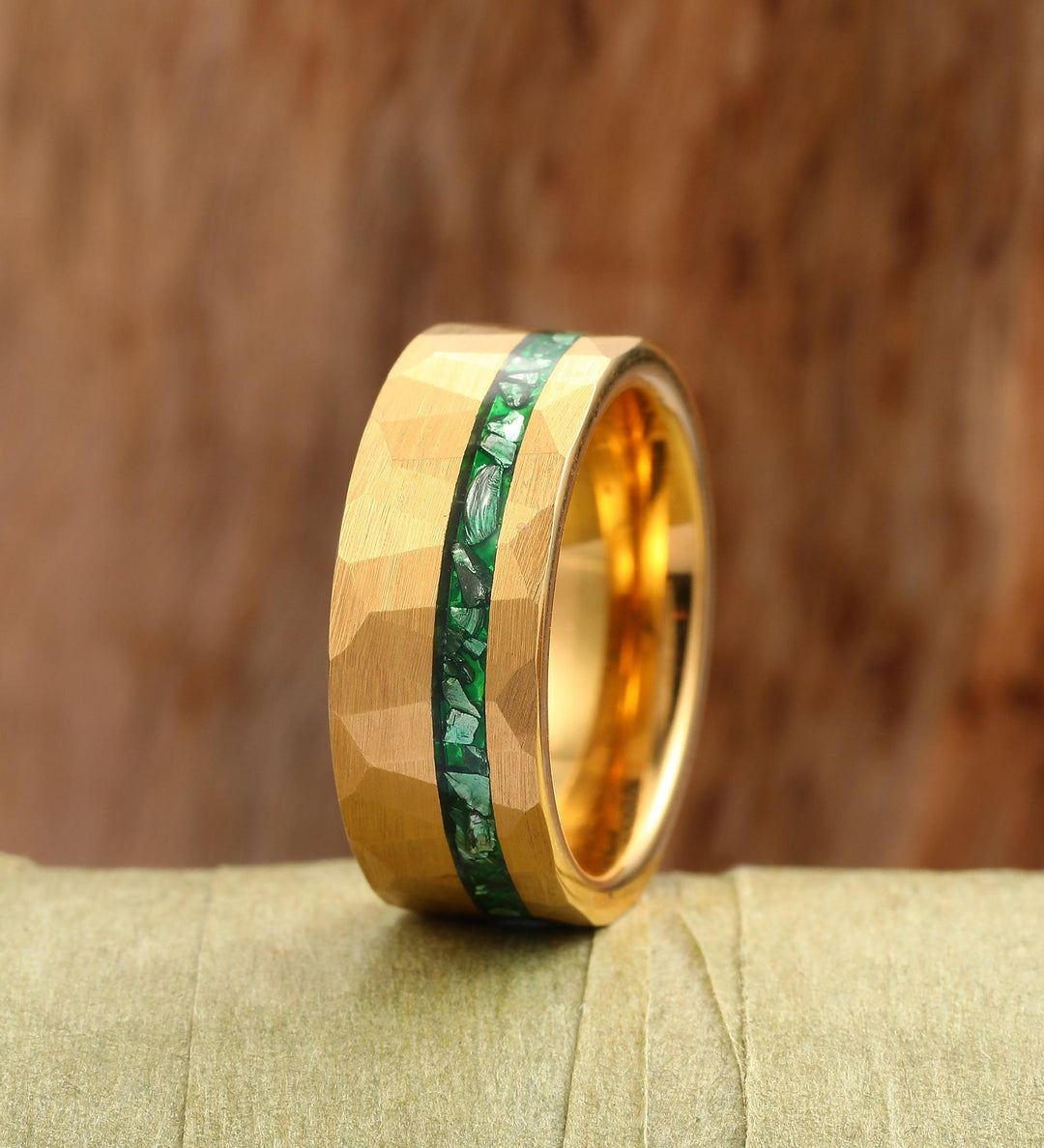 Hexagon Rose Gold Green Emerald Couples Ring Set His Crushed Emerald Gold Ring- 8mm Tungsten and Hers Art Deco Leaf Anniversary Ring - Esdomera