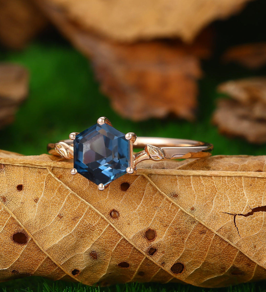 Hexagon Shaped 1.35CT Natural London Blue Topaz Engagement Ring Solitaire Leaf Promise Ring - Esdomera