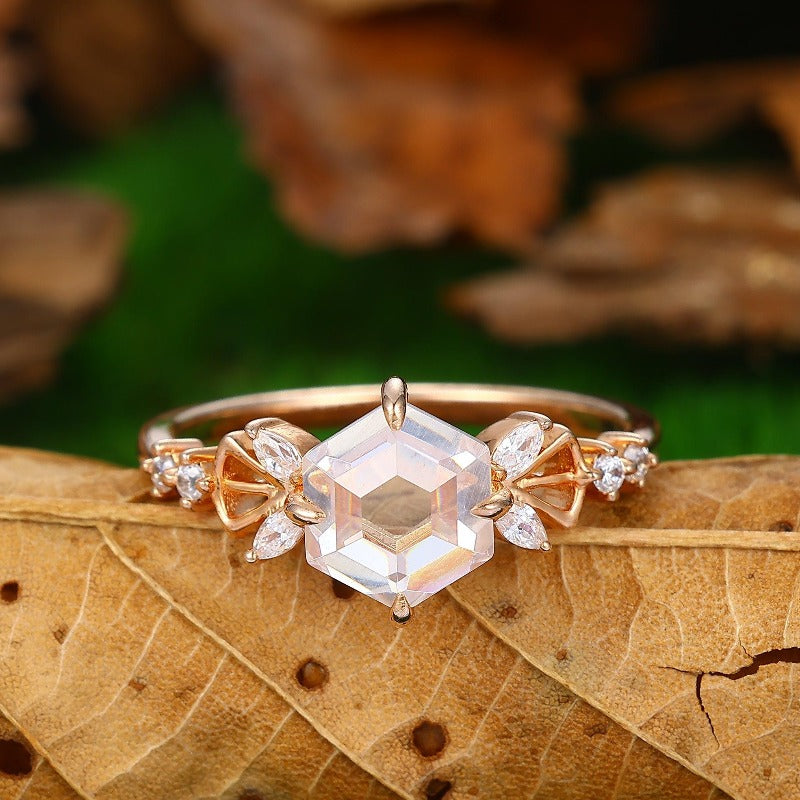 Unique Hexagon Shaped 1.7CT Moissanite Engagement Ring Vintage Rose Gold Promise Ring Women - Esdomera