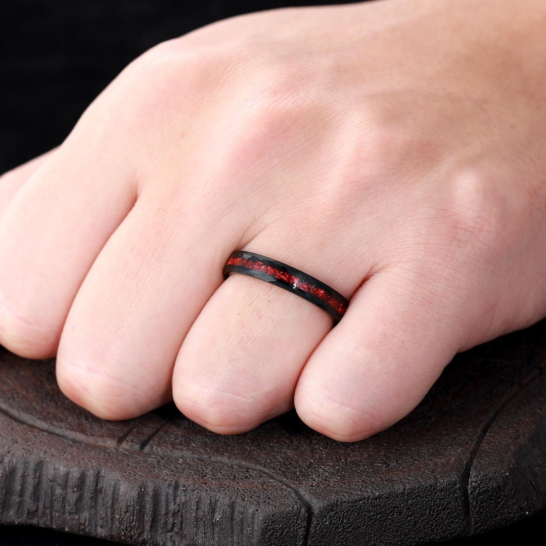 Crushed Red Ruby Tungsten Wedding Band Hammer Promise Couples Ring Set