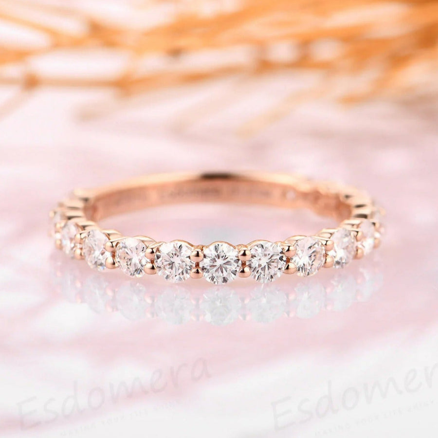 3/4 Eternity Round Cut Moissanite Bridal Ring Unique Solid Gold Moissanite Wedding Band