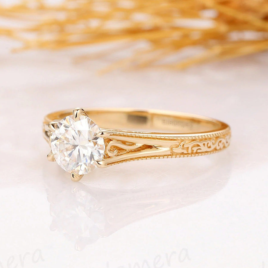 Vintage Solitaire Round Cut Moissanite Engagement Ring Filigree Design Solid Gold Moissanite Marriage Ring